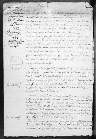 Projekt für musikalische Notation, präsentiert von Jean-Jacques Rousseau an die Akademie der Wissenschaften am 22. August 1742 von Jean Jacques Rousseau